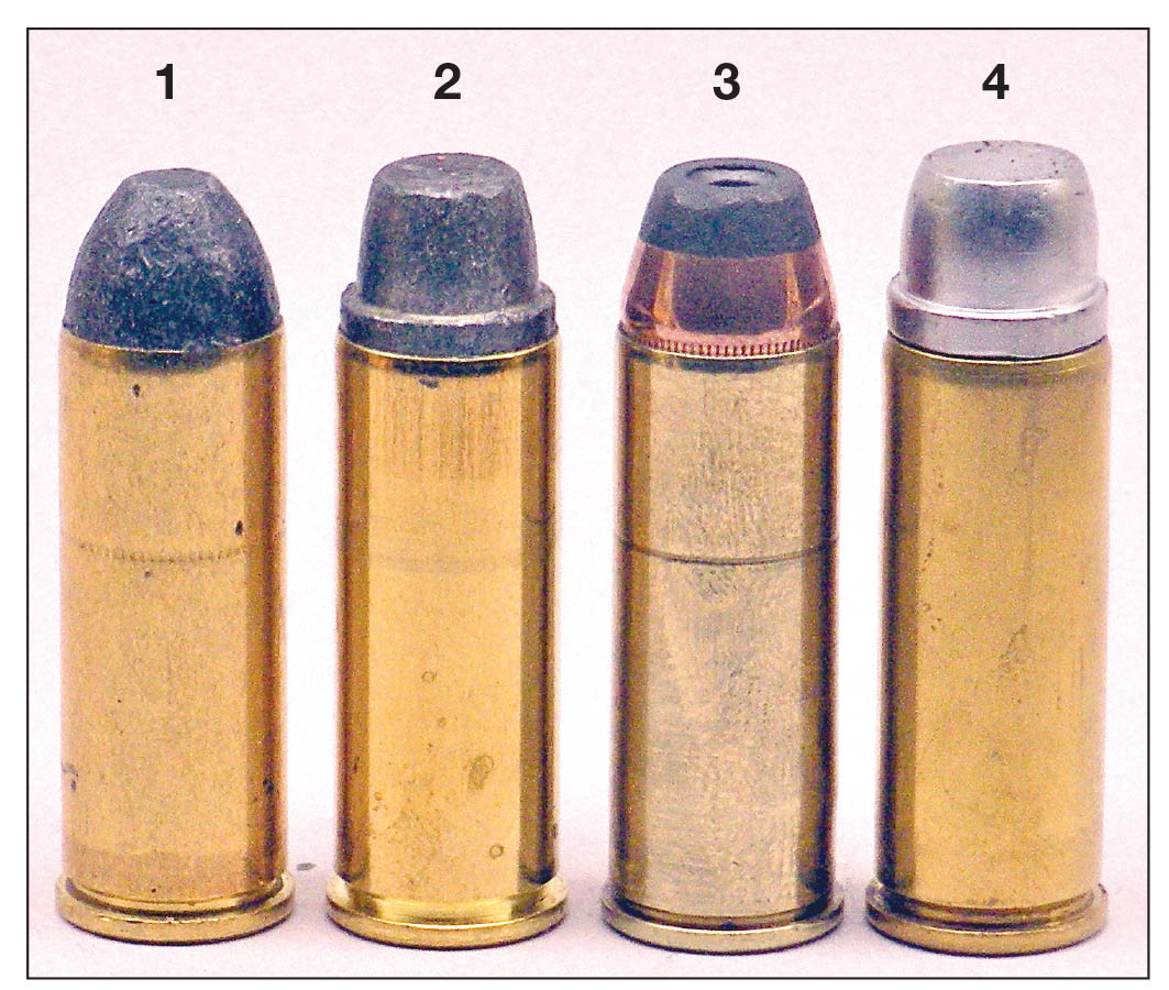 The original (1) 250- to 225-grain roundnose flatpoint .45 Colt bullet packs considerable wallop, but a (2) Speer swaged-lead SWC, (3) jacketed hollowpoint or a (4) heavy 250- to 270-cast SWC offers superior all-around performance.